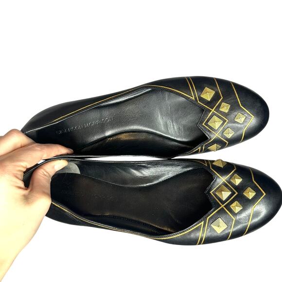 Sigerson Morrison Sz 8.5 Black Leather Gold Detail Round Toe Designer Flats - Picture 1 of 4